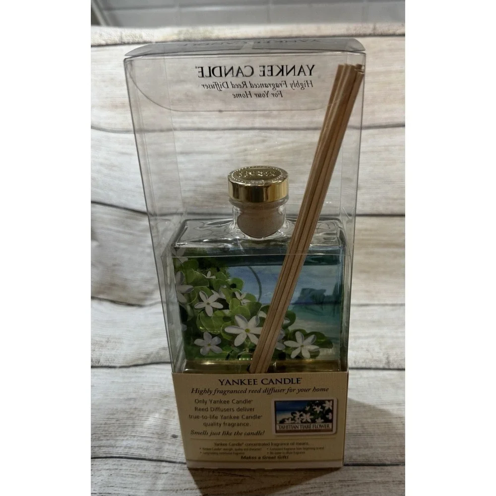 NIB Yankee Candle 3 oz Reed Diffuser Tahitian Tiare Flower Hand Decorated Glass